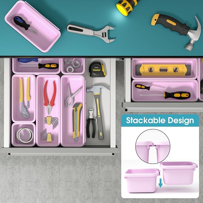 6 PCS Drawer Organizer Set, 3 Size Makeup Drawer Divider Organizer With Non-Slip Pads, Interlocking Plastic Storage Bins for Office,Jewelry Vanity,Gadgets, Bathroom,Kitchen, Purple - Image 5