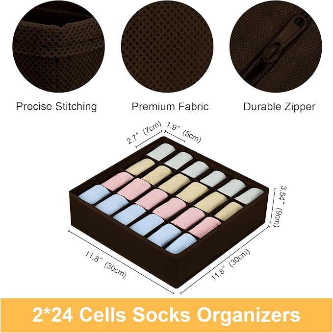 Joyoldelf Sock Organizer Drawer Organizer - 2 Packs Underwear Organizer, 24 Cells Collapsible Closet Organizers and Storage Sock Holders Organizers for Storing Socks, Ties, Belts (Brown), LF001Brown - Image 2