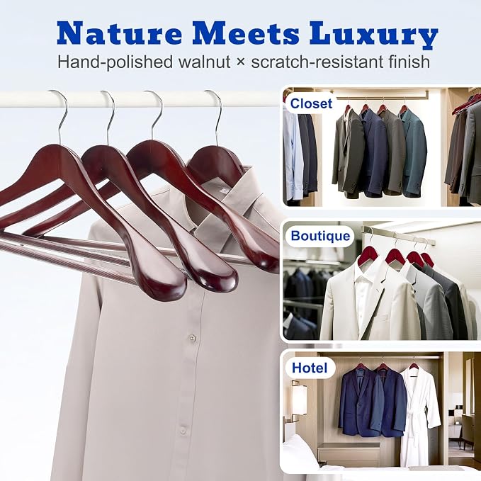 HOUSE DAY Wood Suit Hangers for Men, Wide Shoulder Wooden Hangers with Non Slip Pants Bar, Smooth Retro Finish 360° Swivel Hook Solid Wood Coat Hangers for Heavy Clothes Hanger 6 Pack (Cherry Wood) - Image 7