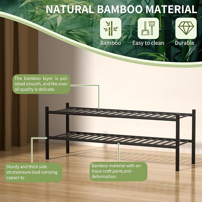 ROMGUAR CRAFT 2-Tier Bamboo Long Shoe Rack, Free Standing Wood Shoe Shelf Storage Organizer for Closet Entryway Stackable 35"x11"x13" (Black) - Image 5