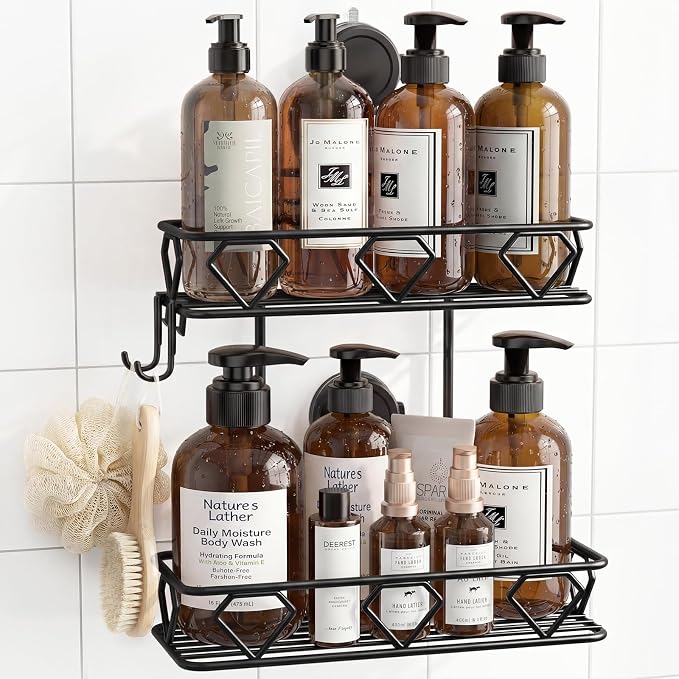 JOTPE Shower Caddy Suction Cup, No Drilling Shower Shelves Hold Up to 40 lbs, Large Capacity Double Layer Bathroom Organizer and Storage with Hooks, Rustproof & Removable Bathroom Shelf, Black by SHOWERORGANIZERANDSTORAGE