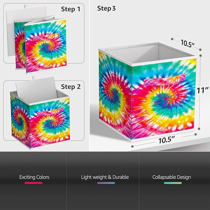 Sorbus 11 Inch Fabric Storage Cubes - Sturdy Collapsible Storage Bins & Handle - 6 Foldable Baskets for Organizing Clothes - Multi Colored Storage Baskets for Shelves (Dark Tie-dye, 11 Inch) - Image 3