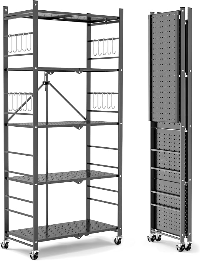 Himix Storage Shelves with 20 Hooks, 5-Tier Foldable Shelves for Storage, Folding Shelf Unit Pantry Shelves Bookshelf with Wheels, Vendor Display Racks for Craft Shows, Home, Grey - No Assembly - Image 7