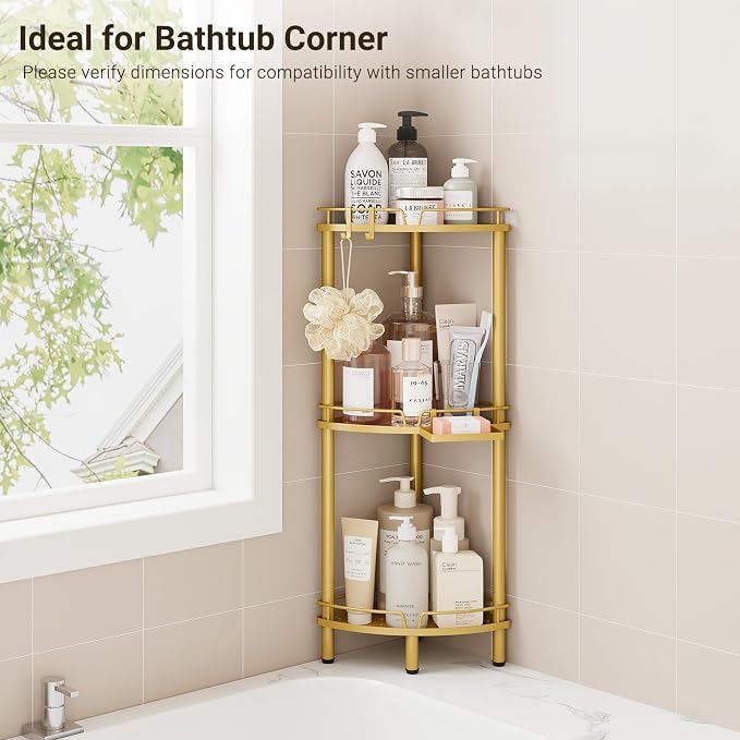 ELYKEN Corner Shower Caddy Standing, 3 Tier Rustproof Metal Shower Organizer with Soap Holder, Floor Shower Corner Shelf Rack Storage Stands with Adjustable Feet & 2 Hooks for Bathroom, Gold - Image 8