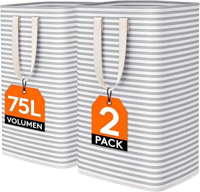 Lifewit 2 Packs Freestanding Clothes Hamper with Carry Handles, Large Tall Laundry Basket for Organization for Adults in Laundry Room Dorm Bedroom, Gray, 2 x 75L by Lifewit