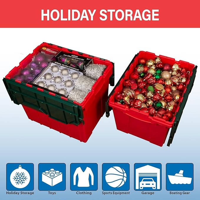 Akro-Mils KeepBox 12 Gallon Storage Container, Nesting and Stackable Plastic Storage Box with Lid Attached, Organizer Tote for Garages, Closets, and Moving, 21-1/2" x 15" x 12-1/2", Red/Green - Image 4