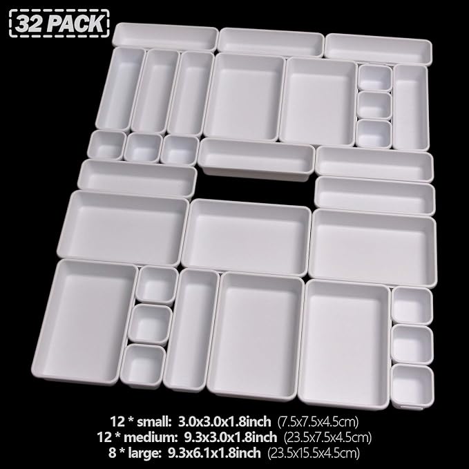 Set of 32 Interlocking Desk Drawer Organizer Tray Dividers Plastic Shallow Narrow Drawers Organizers Separators Storage Bins Container for Kitchen Bathroom Makeup Office Vanity Bedroom Dresser White - Image 2