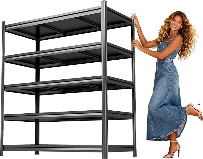 48" W Garage Shelving,5 Tier Heavy Duty Metal Garage Storage, Steel Shelving, 3000 lbs Capacity, Industrial Shelves for Heavy Tools and Equipment, Ideal for Garage, Basement, Black by FlyDzrewtGarageShelving
