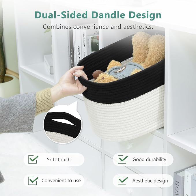 ECDYQXVU Cotton Rope Storage Basket, 15x10x9 Inches, Woven Basket for Shelves, Clothes, Towels, Books, and Laundry, Black/ White (1 Pack) - Image 4
