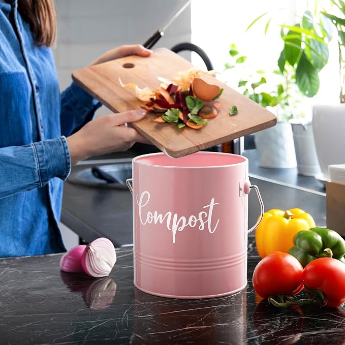 DAYYET Compost Bin Kitchen, 1.3 Gallon Farmhouse Kitchen Compost Bin Countertop, Indoor Countertop Compost Bucket with Lid and Charcoal Filters, Pink - Image 6
