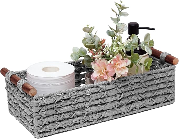 Small Storage Basket Wicker Baskets for Organizing with Handle Decorative Storage Bin for Countertop Toilet Paper Basket for Toilet Tank Top Small Baskets,Light Grey by STOBSK