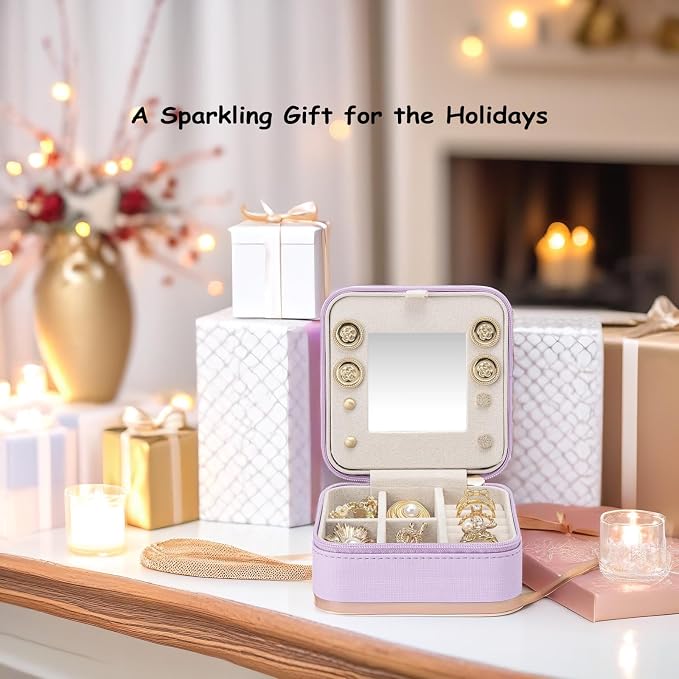 Vlando Small Travel Jewelry Box Organizer - Mirrored Carry-on Jewelries Necklaces Rings Earrings Necklace Storage Case, Purple - Image 4
