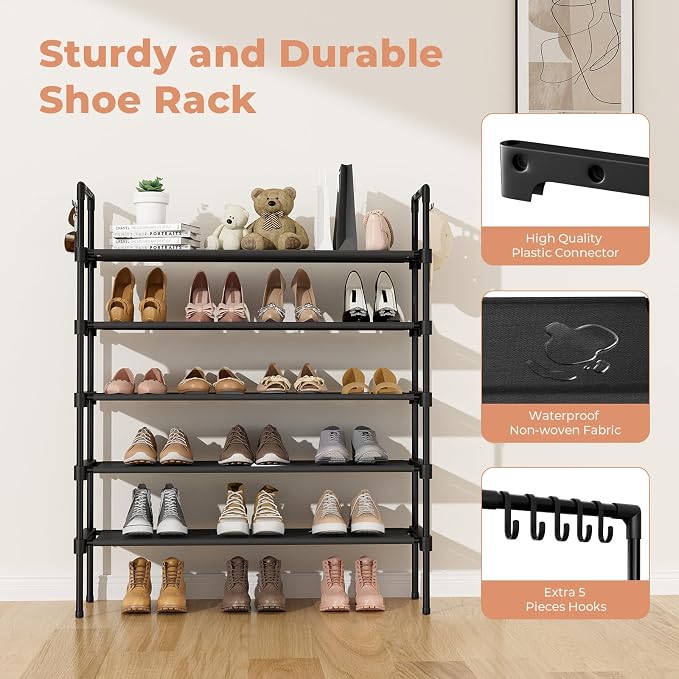 LANTEFUL 5 Tier Shoe Rack for Closet Shoe Organizer with 5 Hooks, Long Shoe Shelf Storage for Shoe and Boot Stackable Free Standing Shoe Rack for Entryway, Garage, Small Spaces, Dorm, Black - Image 4