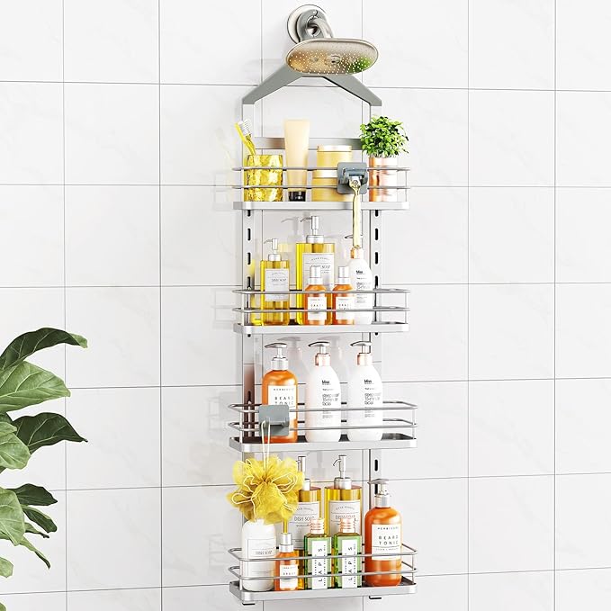 ODesign 4 Tier Height-Adjustable Shower Caddy Hanging Anti-Swing-Over The Shower Head Caddy- Storage Organizer Bathroom Shelves Basket Caddies-Silver by ODesign