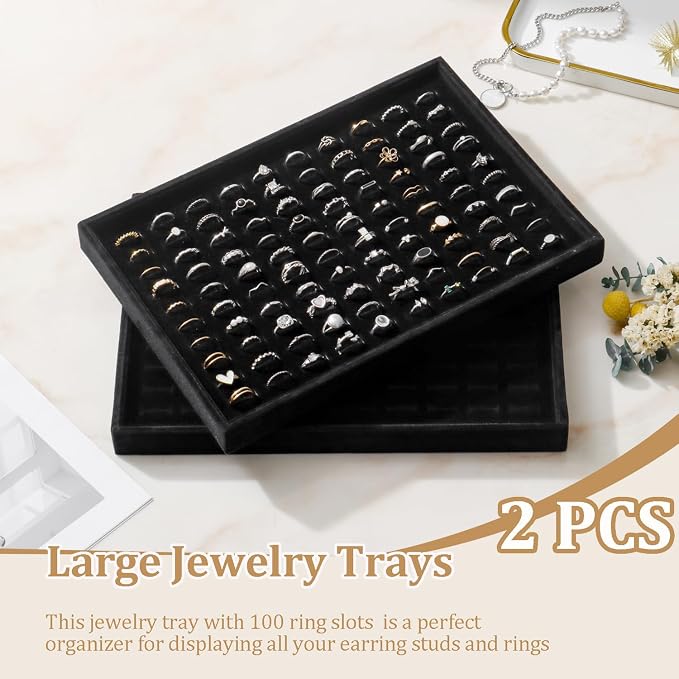 Large Velvet Jewelry Tray 2 Pack Stackable Jewelry Display Drawer Inserts Trays Organizer for Earring Bracelet Necklace Ring (Black, Ring 81 Slots) - Image 2