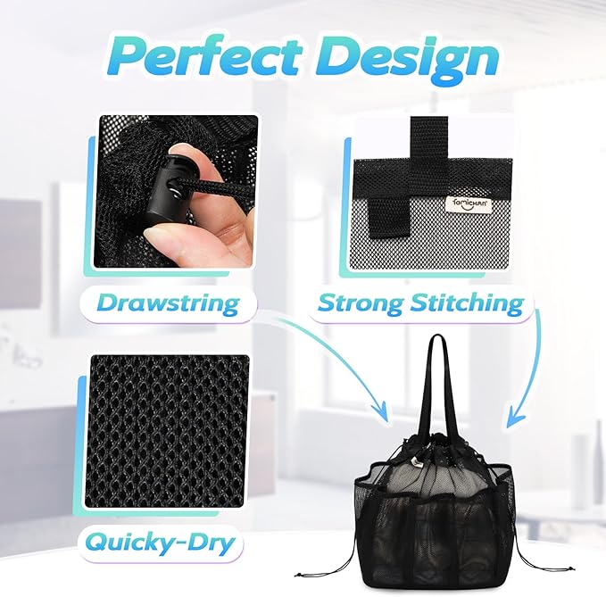 famichan Mesh Shower Caddy Portable with Drawstring, Dorm Room Essentials for College Students boy & girl, Larger Shower Bag for Camping,Swimming,Gym,Travel,Bathroom - Black - Image 3