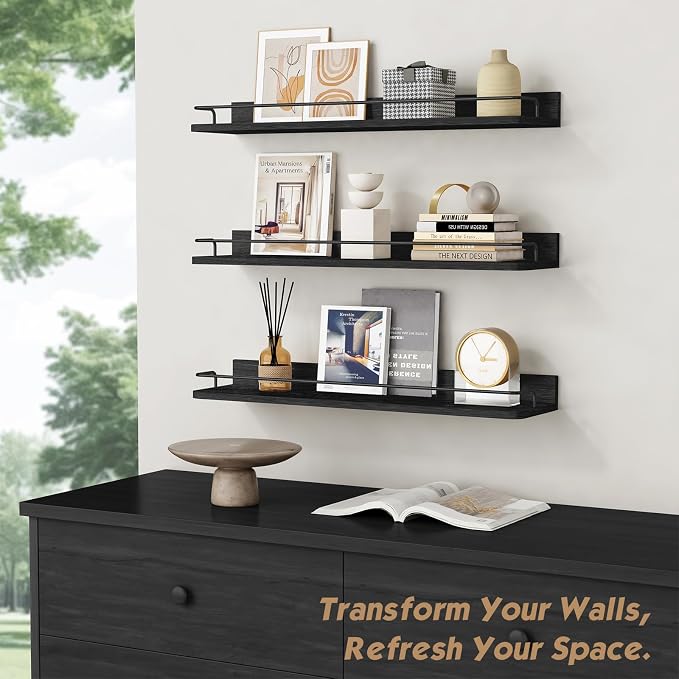 Forbena 24 Inch Wall Shelves for Bedroom 3-Pack, Black Floating Shelves with Rail, Vintage Large Floating Book Shelves for Bathroom Kitchen Living Room Office Decor Kids Room Legos Display (Black) - Image 5