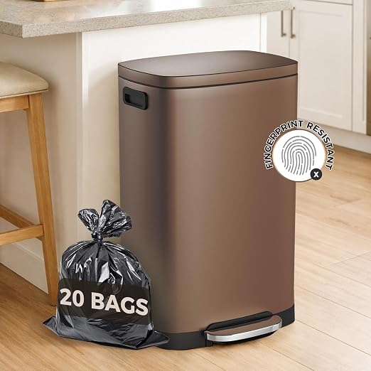 ELPHECO LPHECO Kitchen Trash Can with Lid Soft Close, 13 Gallon / 50L Stainless Steel Pedal Garbage Can, Heavy-Duty Step Wastebasket with 20 Bags, Removable Bucket, Home Office, Kitchen, Brown - Image 9
