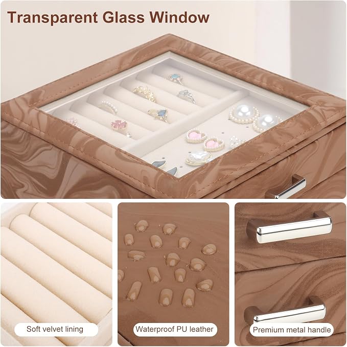 DesignSter Jewelry Box Organizer, Jewelry Box for Women, PU Jewelry Organizer Display Case with Side Drawers, Jewelry Storage for Earring Necklace Ring Bracelet Watch - Image 4
