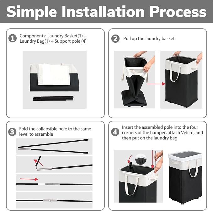 Goodpick Rolling Laundry Hamper with Wheels 75L, Black Laundry Hamper for Dirty Clothes, Collapsible Laundry Basket with Removable Wash, Black Laundry Basket with Wheels - Image 2