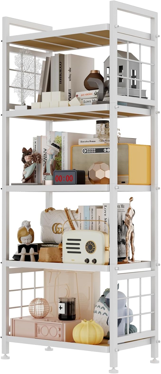 GIOTORENT 5-Tier Pantry Shelves with Wooden Boards, Heavy Duty Storage Shelves & Book Shelf, Adjustable Metal Shelving Unit for Kitchen Bathroom Laundry Organizer, Sturdy Rust-Resistant, White by GIOTORENT