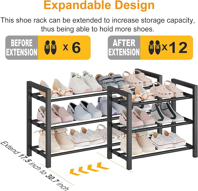 Detsuk 3-Tier Expandable Shoe Rack – Adjustable Heavy-Duty Metal Shoe Organizer Shelf for Closet, Entryway, Mudroom & Garage – Durable Freestanding Storage, Black - Image 4