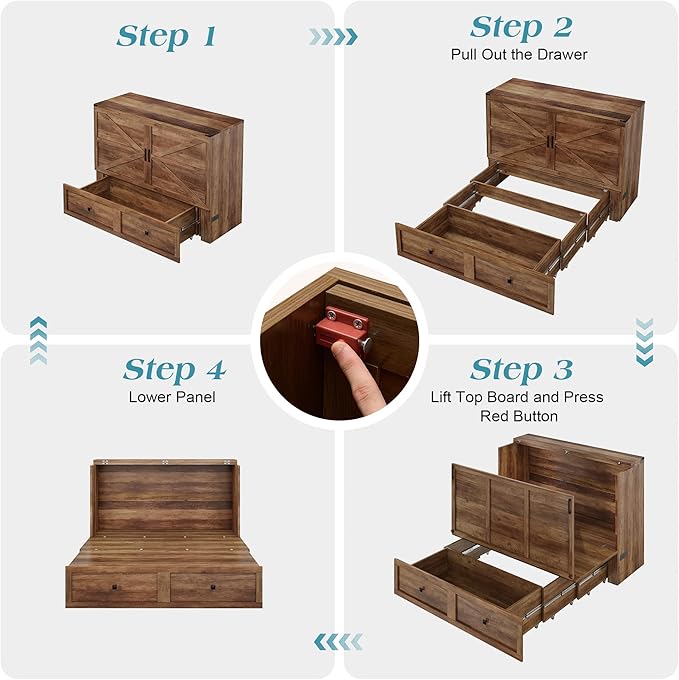 LUXOAK Queen Murphy Bed with Storage and Charging Station, Farmhouse Cabinet Bed, Noise-Free, for Guest Room, Apartment, or Office, Barnwood