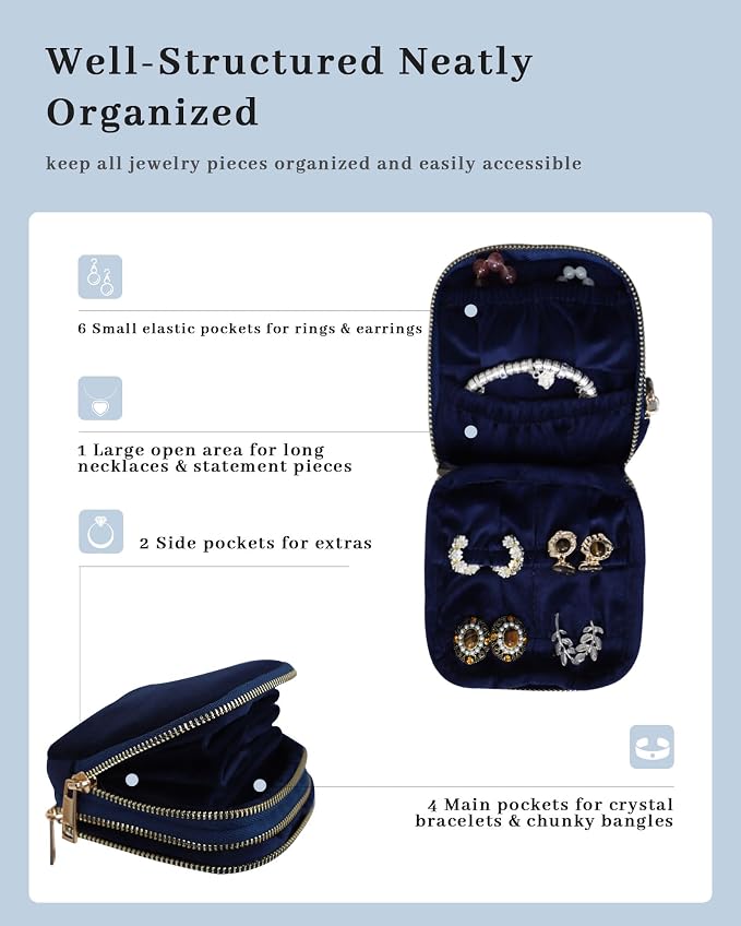 Stratalife Travel Jewelry Case Organizer 2-Layer Compact Storage Bag for Rings Earrings Necklace Bracelet Portable Velvet Jewelry Pouch with Zippers Travel Essential Gift for Women Navy Blue - Image 2