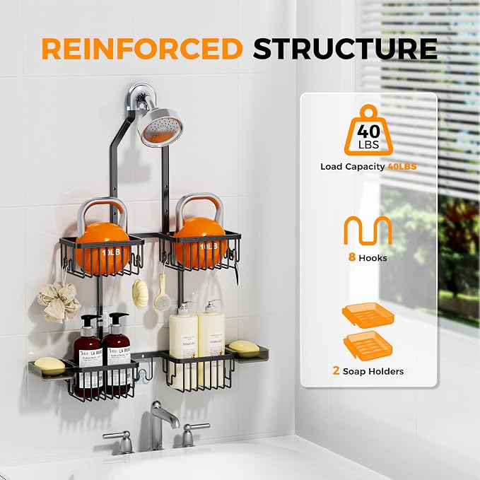 REINHARDT Aluminum Shower Caddy Hanging Adjustable Shower Caddy, Rustproof Hanging Shower Organizer with Hooks Soap Holders, Over Shower Head Caddy for Handheld Showerhead, Black - Image 4