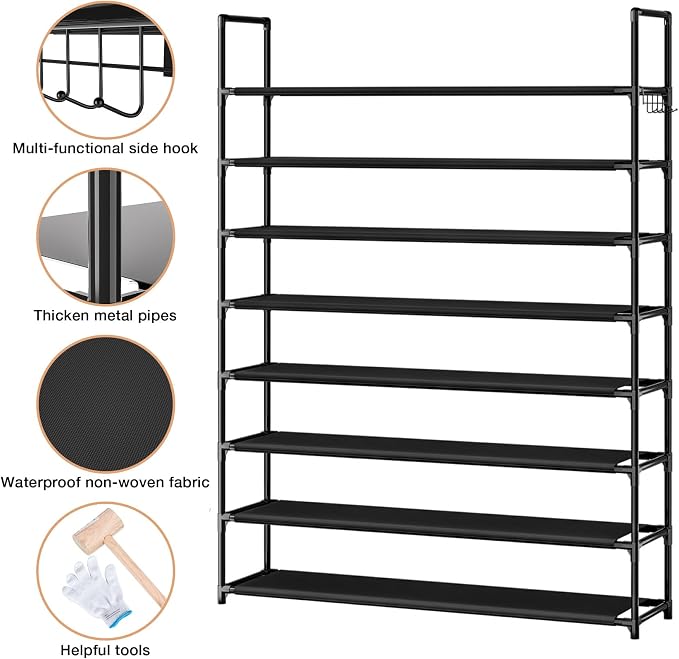 OYREL 8 Tier Shoe Organizer, 33.3in Wide x 11.2in Deep x 55.7in Tall, Black Metal and Plastic Shoe Rack, Holds up to 32-40 Pairs of Shoes - Image 6