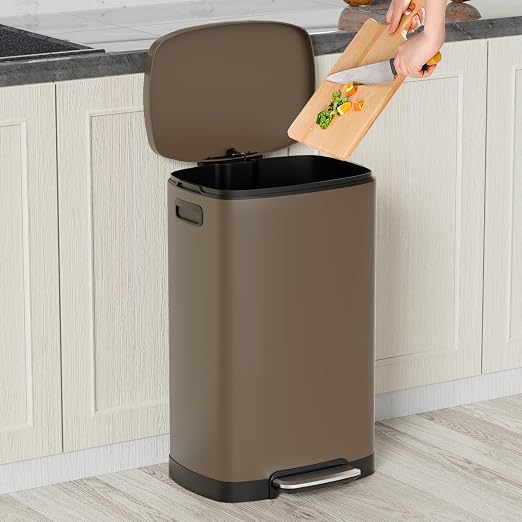 KdbK 13 Gallon Trash Can with Lid, 50L Fingerprint Proof Stainless Steel Kitchen Trash Can with Removable Inner Bucket and Lid Soft Close, Pedal Rubbish Bin for Home Office, Brown - Image 2