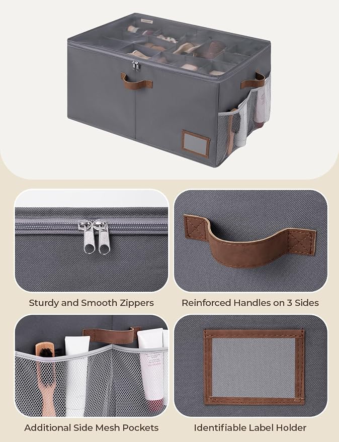 StorageWorks Shoe Organizer for Closet, Shoe Storage Containers for Entryway, Fabric Shoe Storage Organizer for Slippers and Flats, Shoe Storage Bins with Side Mesh Pocket, Fits up to 20 Pairs, Grey - Image 3