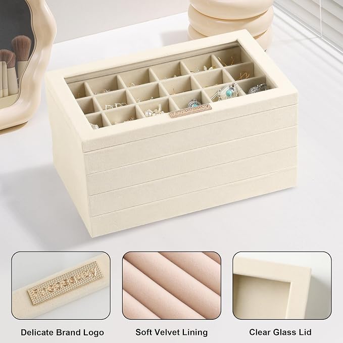Frebeauty Stackable Jewelry Trays, Velvet Drawer Jewelry Organizer with Glass Lid,5 in 1 Multi-Functional Jewelry Storage for Earrings Necklaces Rings, 10.5 x 6.5 x 5.55 Inches Gift for Women(Beige) - Image 5