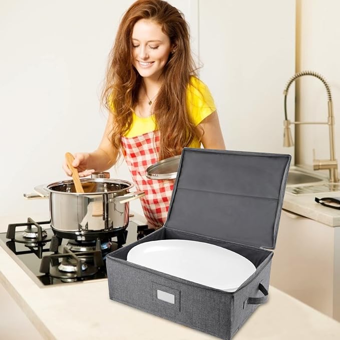 popoly Platter Storage Case, China Storage Containers Hard Shell 17" x 13" x 6", 5 Felt Dividers Included, Structured Top and Stackable (Linen Grey) - Image 8