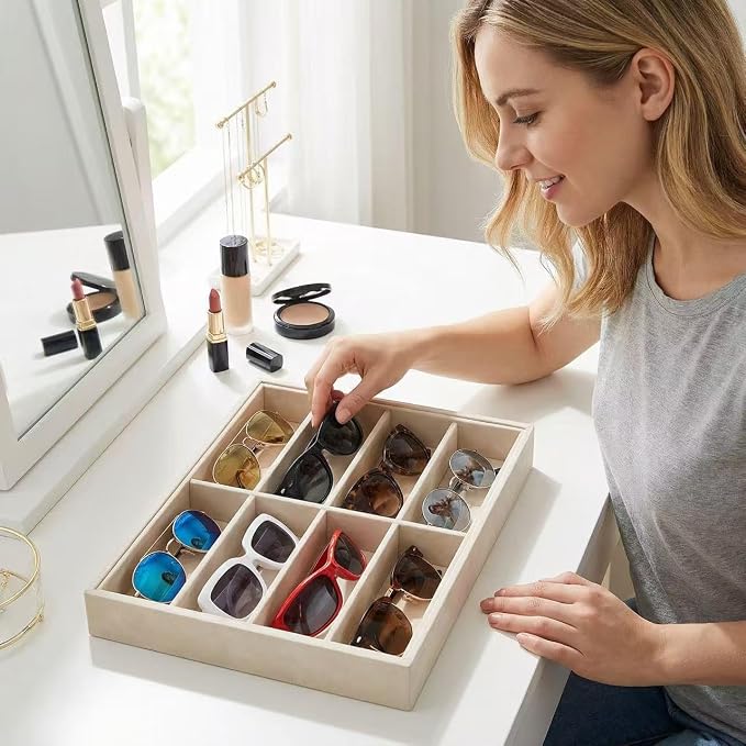Jewelry Tray Velvet Jewelry Organizer with Clear Lid Transparent Earring Bracelet Organizer Holder Case with Clasp Drawer Insert for Rings Studs Gift for Women Girls (Sunglass Box) - Image 6