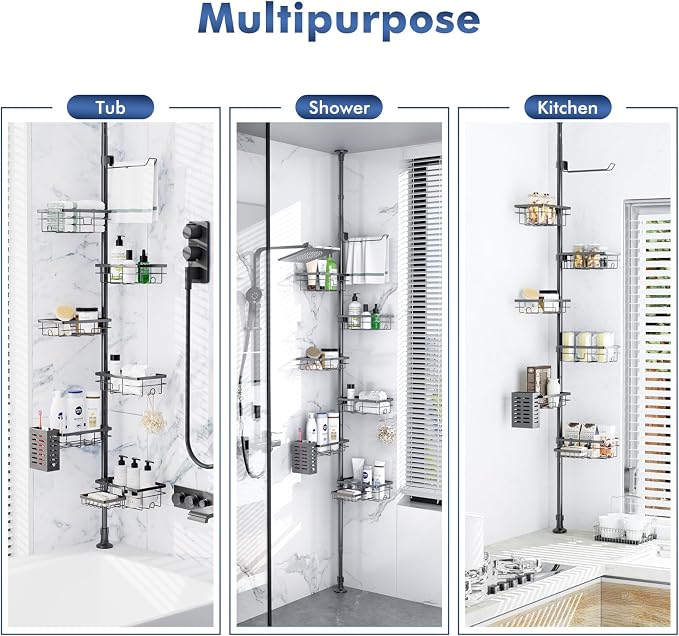 Shower Caddy Organizer Tension Pole, Rustproof 6-Pack Corner Shelf with 30-120 Inch Adjustable Shower Rack for Inside Shower, Extra Towel Bar & Soap Dish for Bathroom Organizers and Storage, Black - Image 9