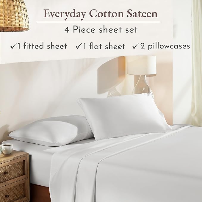 California Design Den King Sheet Set - Natural 100% Cotton Sateen Sheets King Size Set with Deep Pockets, Soft Sateen Weave, Breathable and Durable Bedding Ivory (Eggshell)