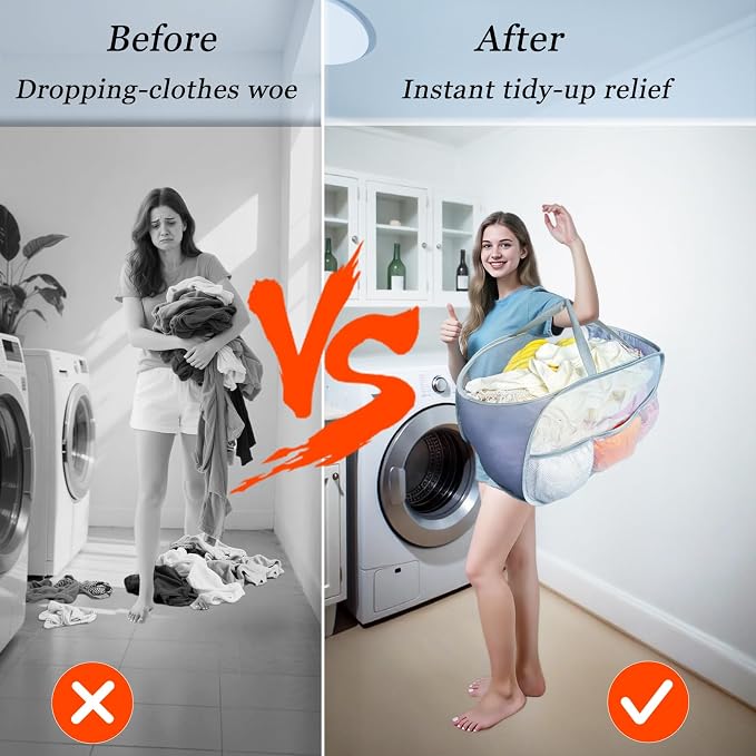 Collapsible Laundry Baskets 2 Pack, Mesh Pop Up Hamper with Handles, Portable Stair Basket, Dorm or Room Folding Bin, Dirty Clothes Hamper Light Breathable. Grey. 2H - Image 7