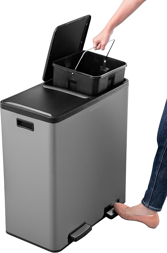 Step N' Sort The 18.5 Gallon Extra Large Capacity, Soft-Step, Dual Trash and Recycling Bin with Removable Inner Bins, Grey - Image 2