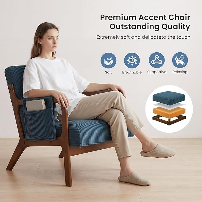 DUMOS Mid Century Modern Accent Chair, Upholstered Armchair with Lumbar Pillow and Solid Wood Frame, Comfy Reading Chair for Small Living Room, Bedroom, Guest Room, Navy Blue