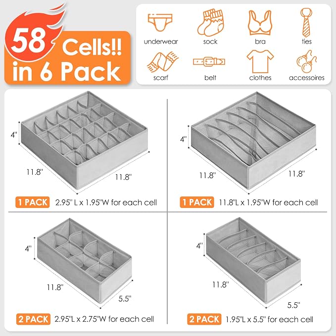 Criusia 6 Pack Sock Underwear Drawer Organizer Dividers, 58 Cell Foldable Fabric Dresser Closet Organizers and Storage Bins for Clothing, Baby Clothes, Bra, Panty, Scarf, Ties (Grey) - Image 4