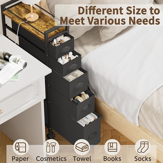 LASZOLA 5 Drawer Narrow Dresser Slim Cabinet Skinny Storage Tower Chest, Ideal for Small Spaces Bathroom, Between Washer and Dryer, Lightweight Mobile on Wheels, Sturdy Fabric Drawers, Black - Image 9