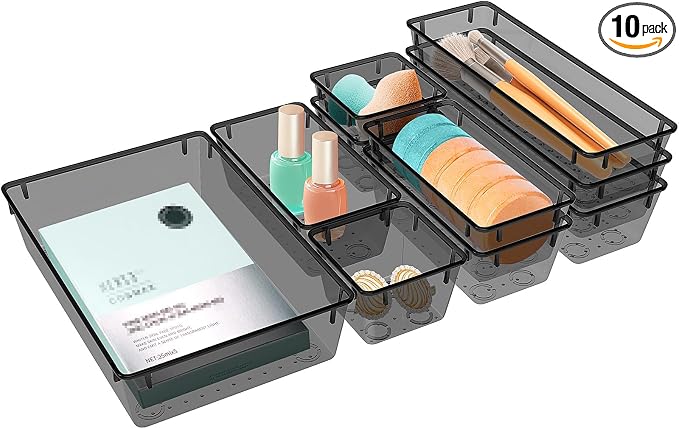 StorMiracle 10 PCS Drawer Organizer Set, 4 Varied Size Bathroom and kitchen Drawer cabinet organizer Trays, Clear Storage Bins for Makeup, Jewelry, Utensils and Gadgets, Black by StorMiracle
