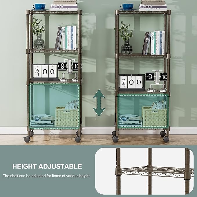 M MZG 1000 lbs 4-Shelf Adjustable Heavy Duty Steel Wire Rack, Adjustable Storage Shelving Unit with Wheel for Kitchen, Garage, Laundry Brown 11.8" D x 17.7" W x 40.8" H - Image 6