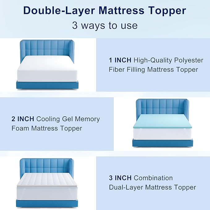 XWZO Twin Size Memory Foam Mattress Topper Dual Layer 3 Inch,2 Inch Cooling Gel Memory Foam Mattress Topper and 1 Inch Pillow Top Pad for Back Pain Relief