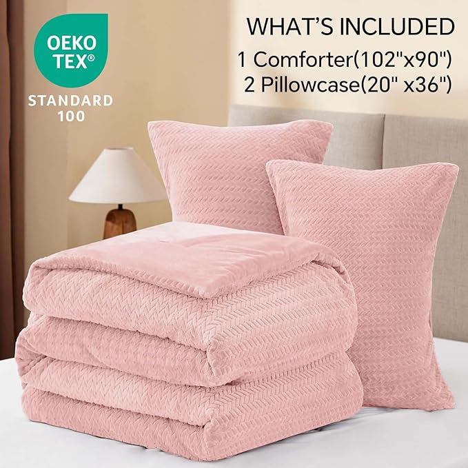 Flannel Fleece Comforter King Set - Furry Pink Leaves Pattern Faux Fur Bed Set, Winter Ultra Soft Fuzzy Comfort Set, Velvet Bedding Set for Bed with 2 Pillow Cases