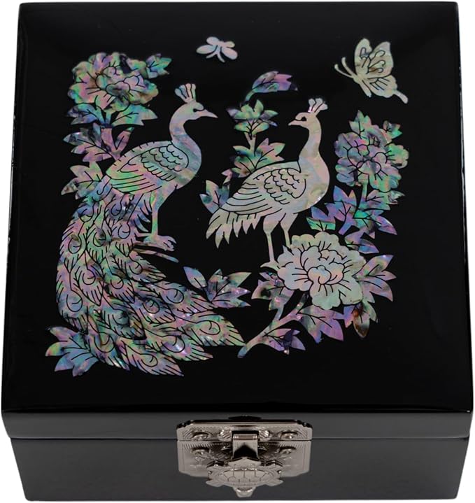 February Mountain Mother of Pearl Mini Jewelry Box - Organizer for Earring Necklace Ring & Bracelet Jewelry Display Storage Case for Woman Unique Gifts (Peacock-Black) by FebruaryMountain