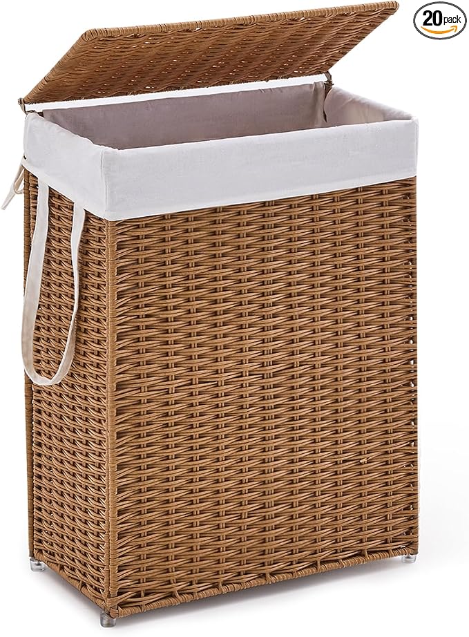 Slim Wicker Laundry Hamper with Lid, 55L Handwoven Rattan Basket with Handles, Narrow Laundry Basket with Removable Liner Bag & 2 Mesh Bags by LGENHOOMHandwovenNaturalWaterHyacinthBasket
