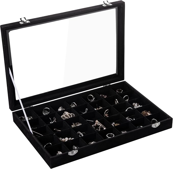Frebeauty Velvet Jewelry Tray,35 Grid Jewelry Organizer with Clear Lid,Earring Holder Organizer Case with Clasp,Drawer Insert for Rings Studs,13.8 x 9.5 x 2 Inches,Gift for Women Girls(Black) by Frebeauty