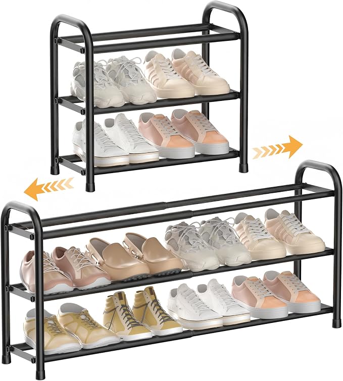 ENJOYBASICS 3 Tier Expandable Shoe Rack for Closet, Free Standing Metal Shoe Shelf Storage Organizer Holder 12 Pairs, Adjustable Width Shoe Rack for Entryway Small Space, Black | Adjustable, for Closet, Shoe Rack Storage, for Small Space, Entryway by ENJOYBASICS